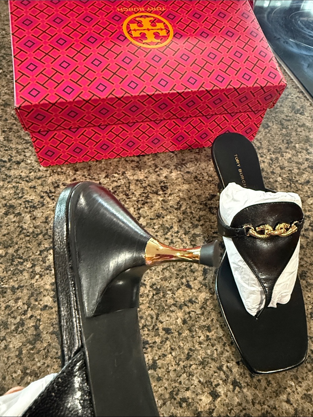 Tory Burch Black Leather Thong Sandals with Gold Chain Accent - Picture 3 of 6